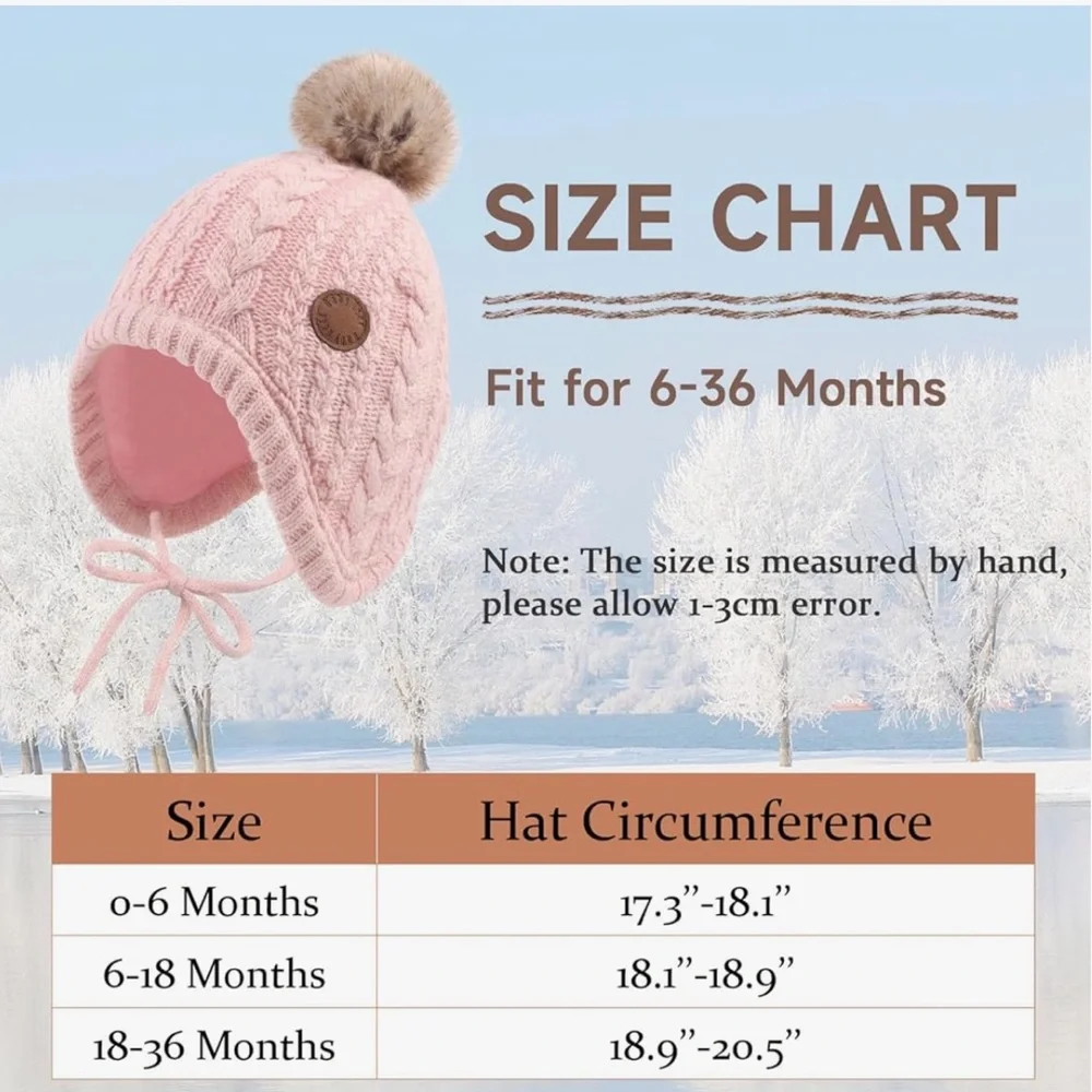 NEW! Baby Beanie Hat Infant Earflap Cap with Pom Pom Polyester Lined Pink